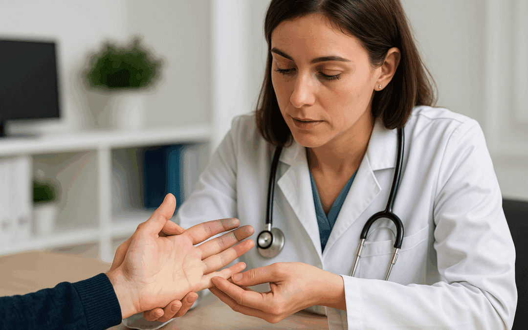 Dra Larissa, médica reumatologista, examina mão de paciente com dedos arroxeados pela Síndrome de Raynaud no consultório