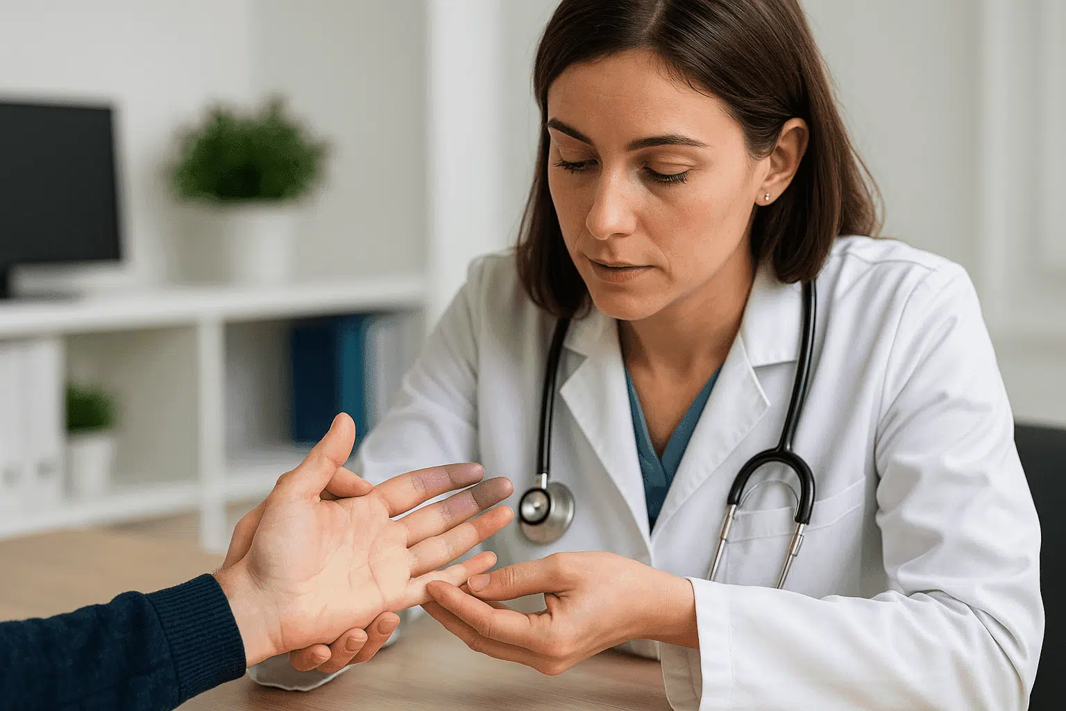 Dra Larissa, médica reumatologista, examina mão de paciente com dedos arroxeados pela Síndrome de Raynaud no consultório