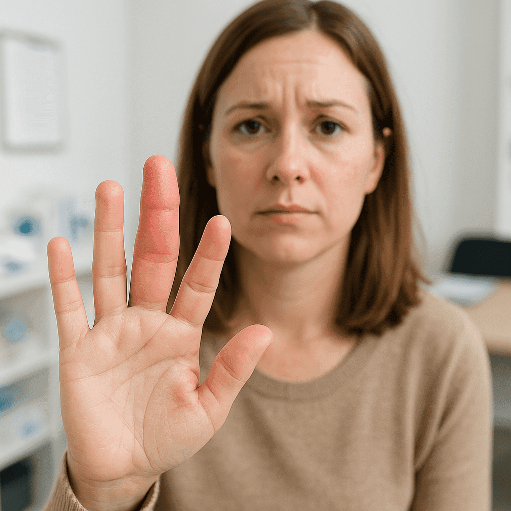 Paciente mulher em consultório médico exibindo dedo inchado (“dedo em salsicha”) típico de dactilite associada à Espondiloartrite.