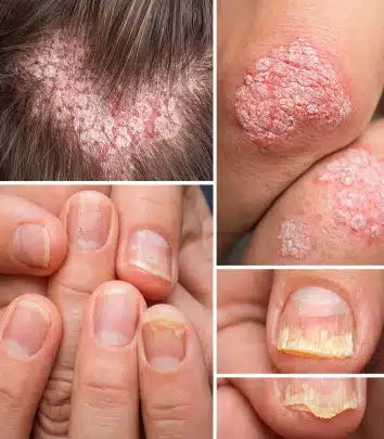 Psoríase com lesões na pele e alterações nas unhas, incluindo descamação e pitting ungueal