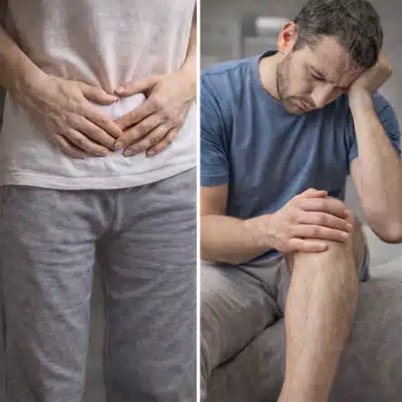 “Pessoa com dor abdominal e dor no joelho, ilustrando possível associação entre doença inflamatória intestinal e dores articulares